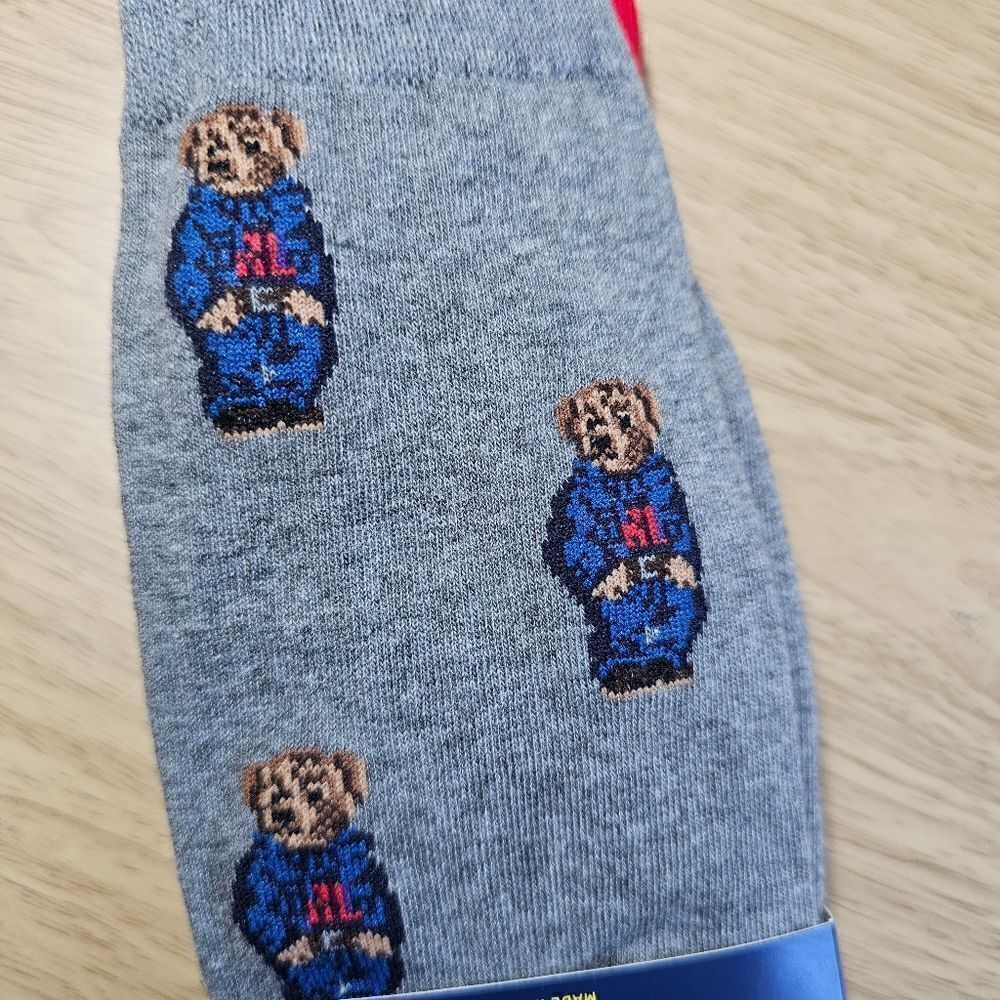 Polo Ralph Lauren Bear USA Socks 2-Pack AOP Striped Large L 10-13 Grey Navy Pony - Picture 2 of 8